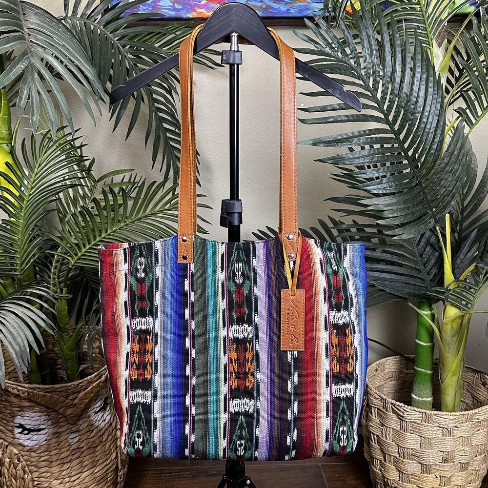 Nena & Co. Tote Bag Woven Leather Tribal Aztec Guatemala Boho Southwest